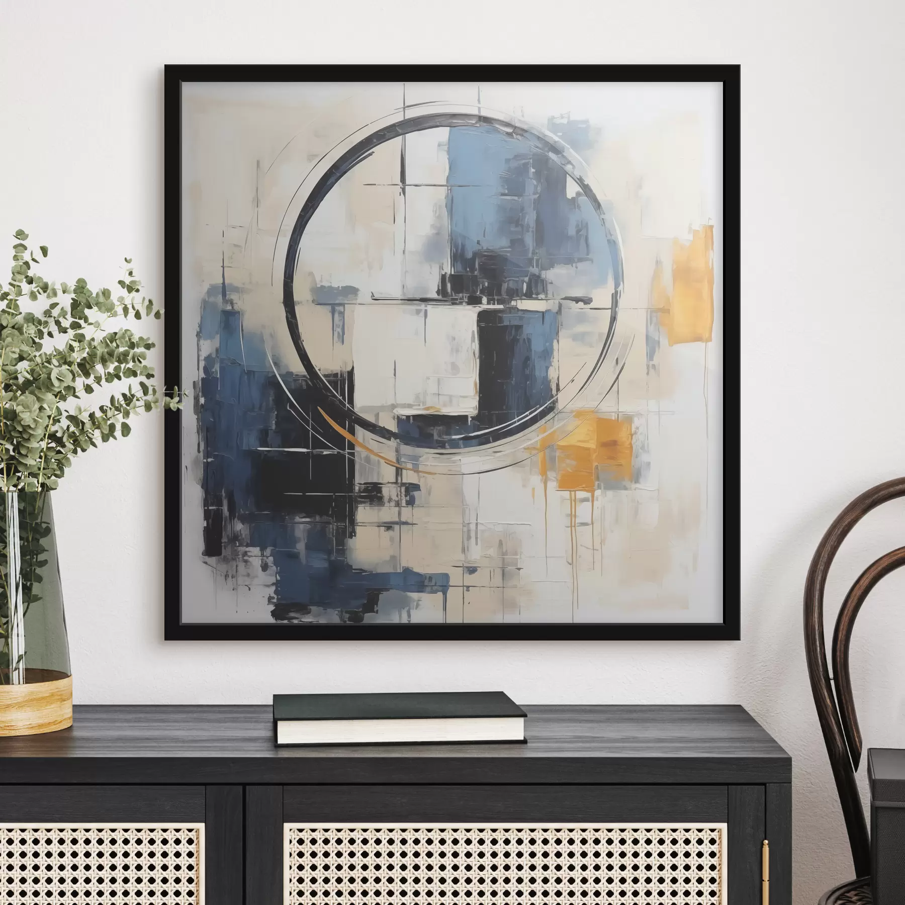 Fototapeedid Abstraktne kubism, sinine, oranž, valge kriips, ringikujuline kujund f39179