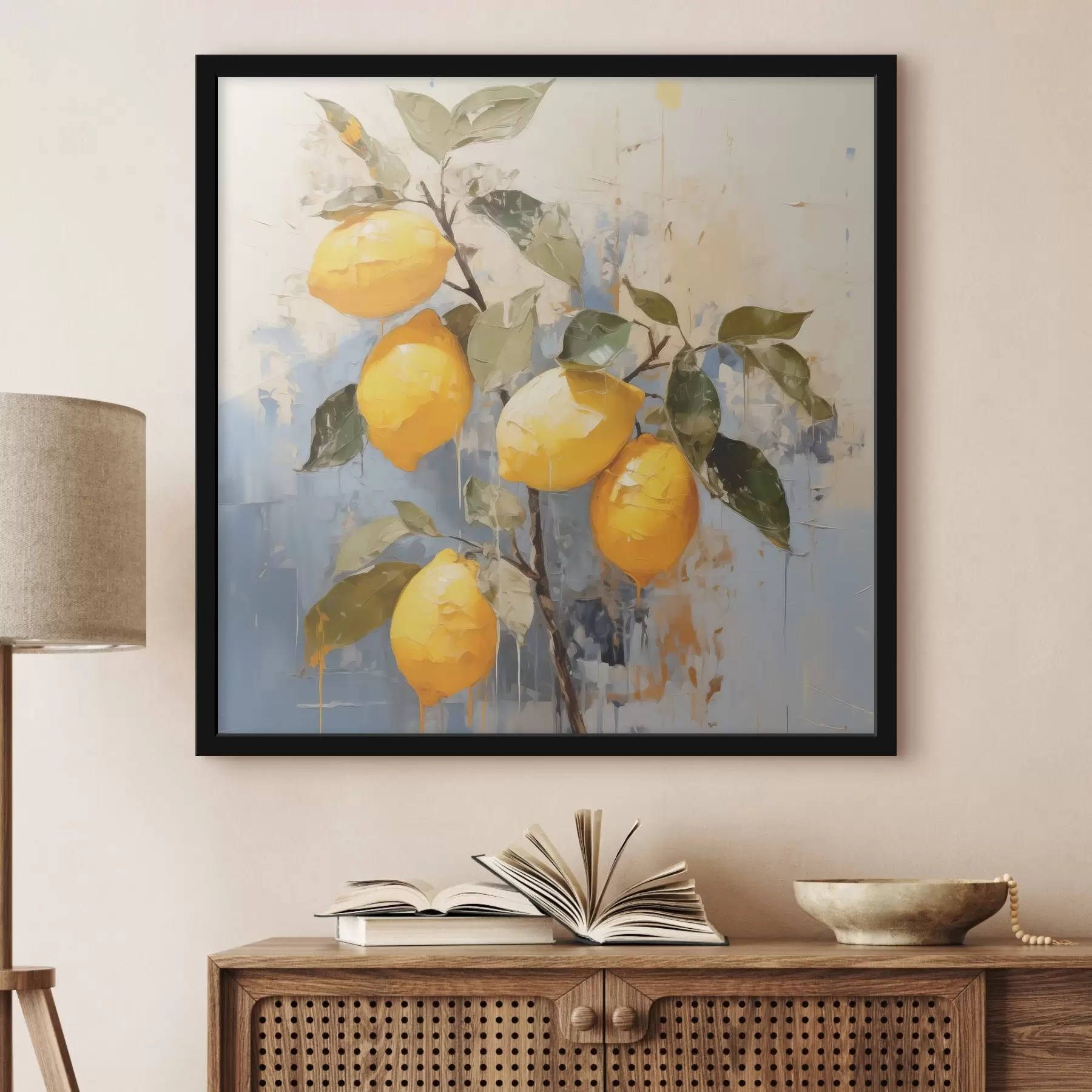 Fototapeedid Oksa koos küpsete sidrunitega, õlimaal, abstraktne kunst, kollased, sinised ja rohelised värvid f39186