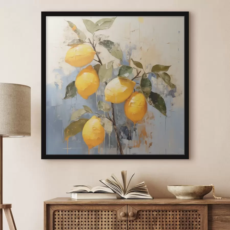 Fototapeedid Oksa koos küpsete sidrunitega, õlimaal, abstraktne kunst, kollased, sinised ja rohelised värvid f39186