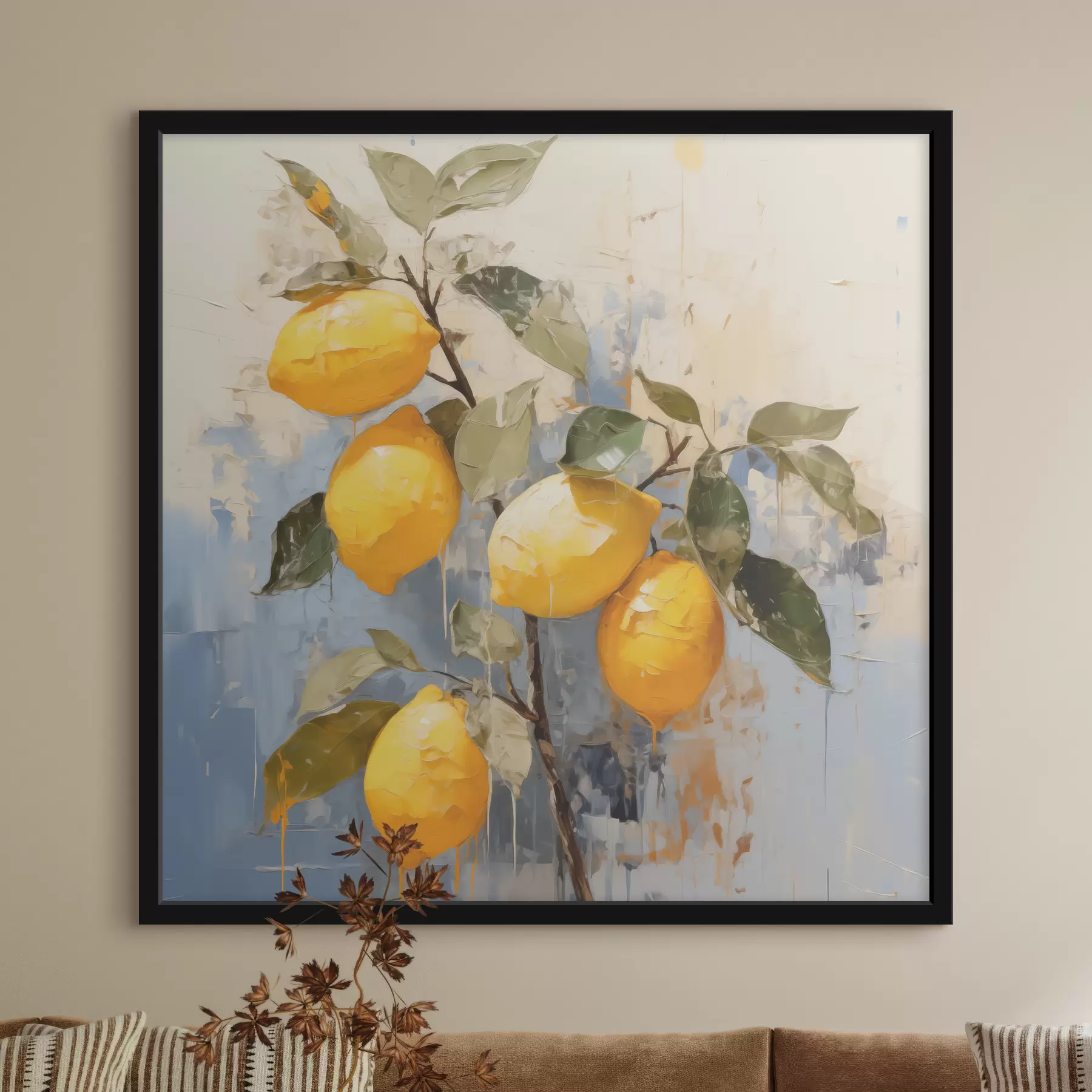 Pilt Oksa koos küpsete sidrunitega, õlimaal, abstraktne kunst, kollased, sinised ja rohelised värvid f39186