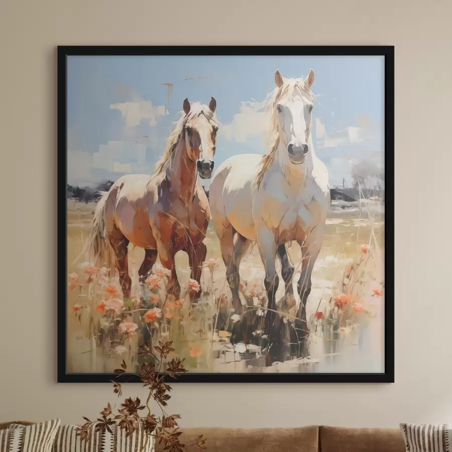Fototapeedid Valged ja pruunid hobused karjatavad heinamaal metsikute lillede vahel, õlimaal, abstraktne kunst f39187