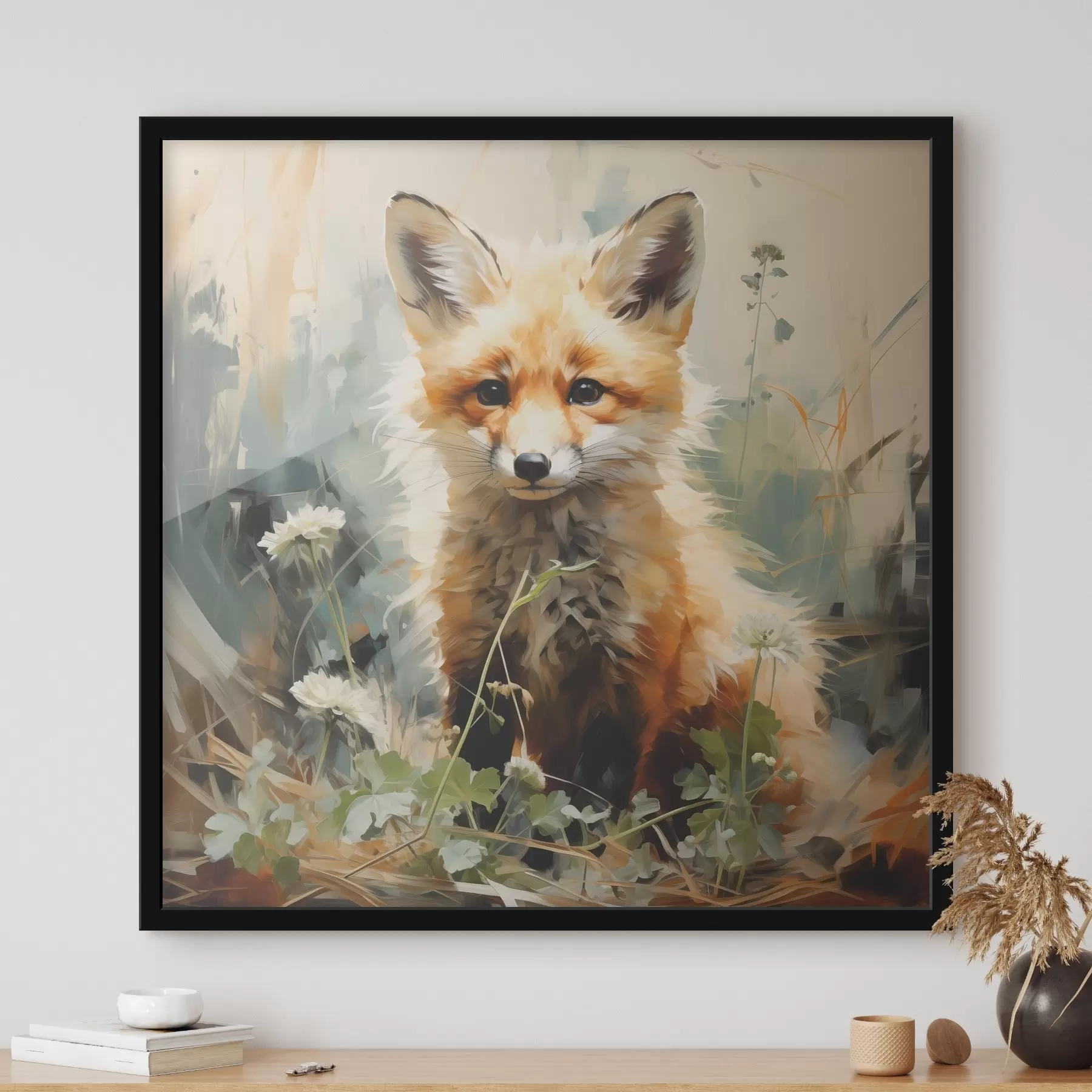 Fototapeedid Punane rebane istub kuivas rohus rohelisel taustal. Õlimaal f39191