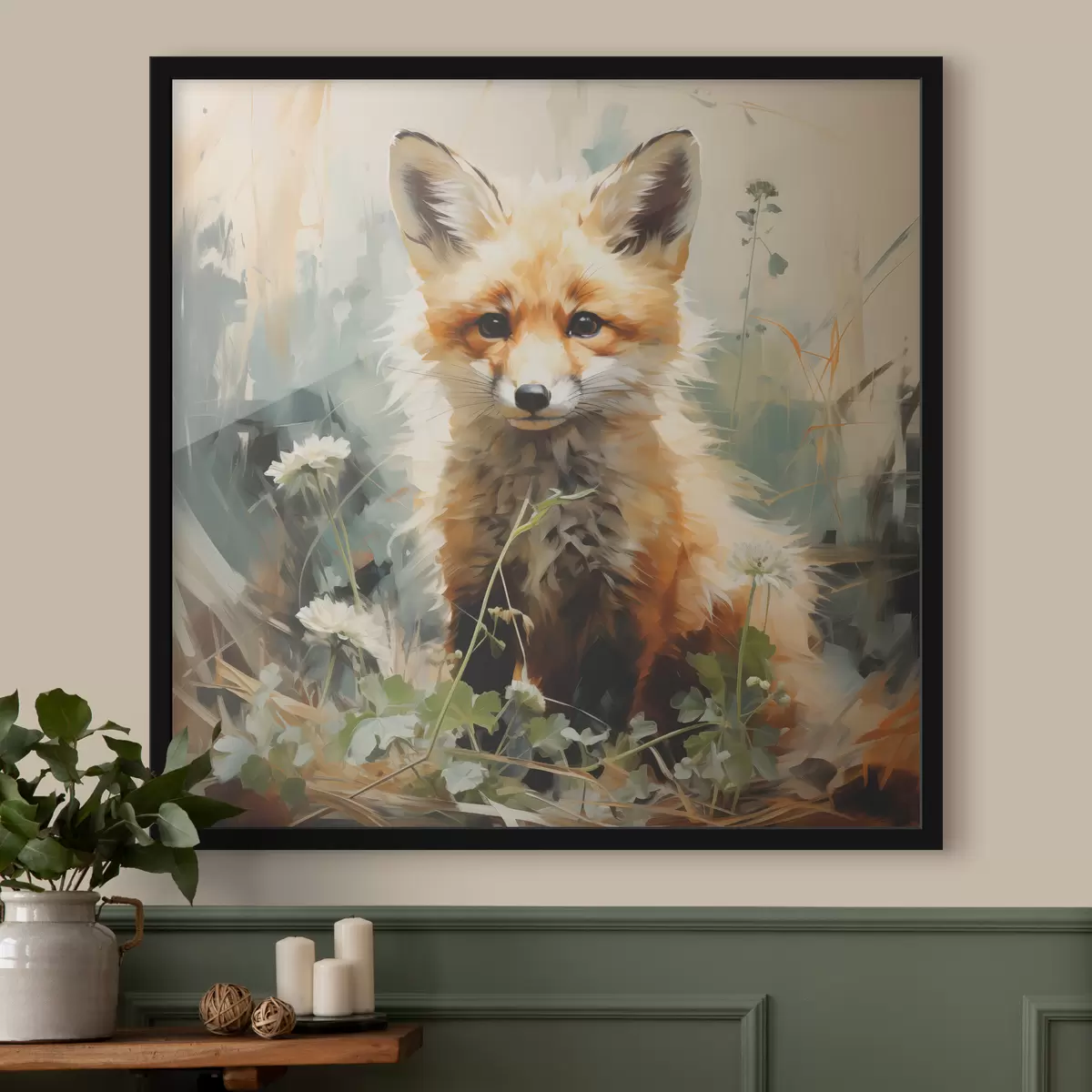 Plakat Punane rebane istub kuivas rohus rohelisel taustal. Õlimaal f39191