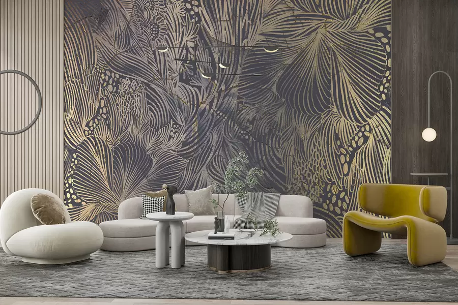 Fototapeedid Abstraktne tekstuurne luksuslik trükis, millel on kattuvad orgaanilised kujundid ja jooned w01243