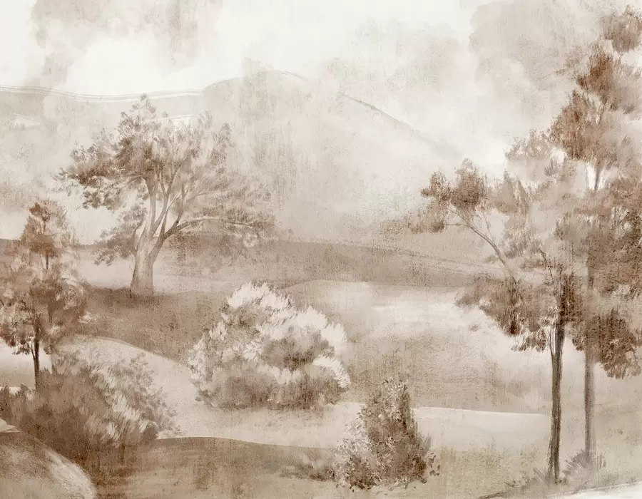 Fototapeedid Maastikumaal udusest maastikustseenist, mida ümbritsevad lopsakad pruunides toonides puud ja lehestik w01247