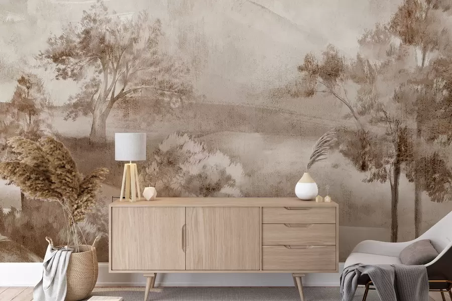 Fototapeedid Maastikumaal udusest maastikustseenist, mida ümbritsevad lopsakad pruunides toonides puud ja lehestik w01247