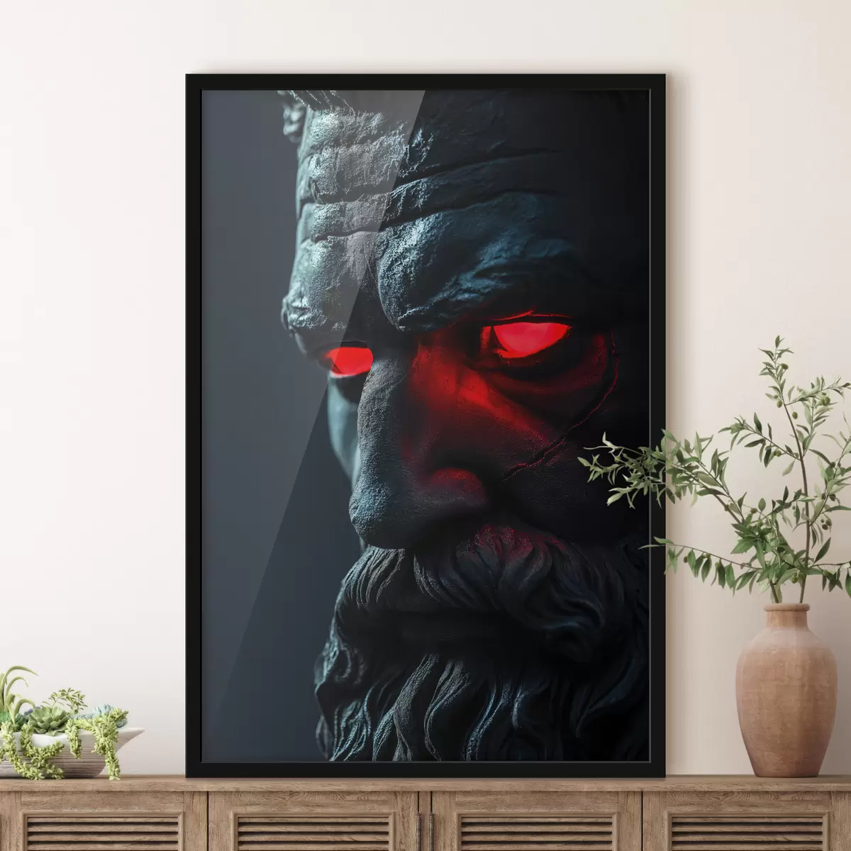 Plakat Tumesinine portree Zeusist punaste silmadega f26125