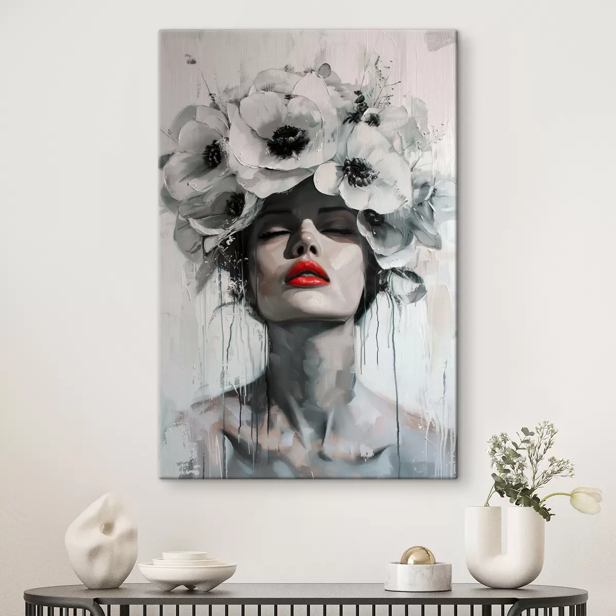 Pilt Lilledega juustes ja punaste huultega naise portree s39253