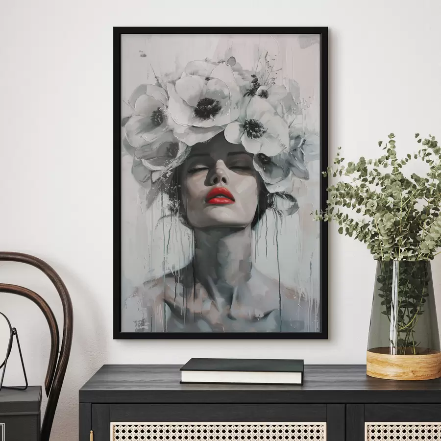 Fototapeedid Lilledega juustes ja punaste huultega naise portree f39253