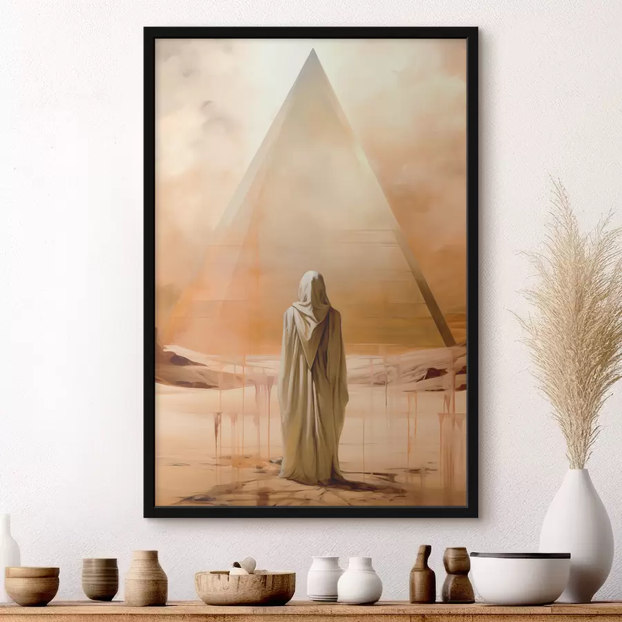 Fototapeedid Kapuutsiga valges mantlis mehe siluett püramiidi taustal kõrbes f39329