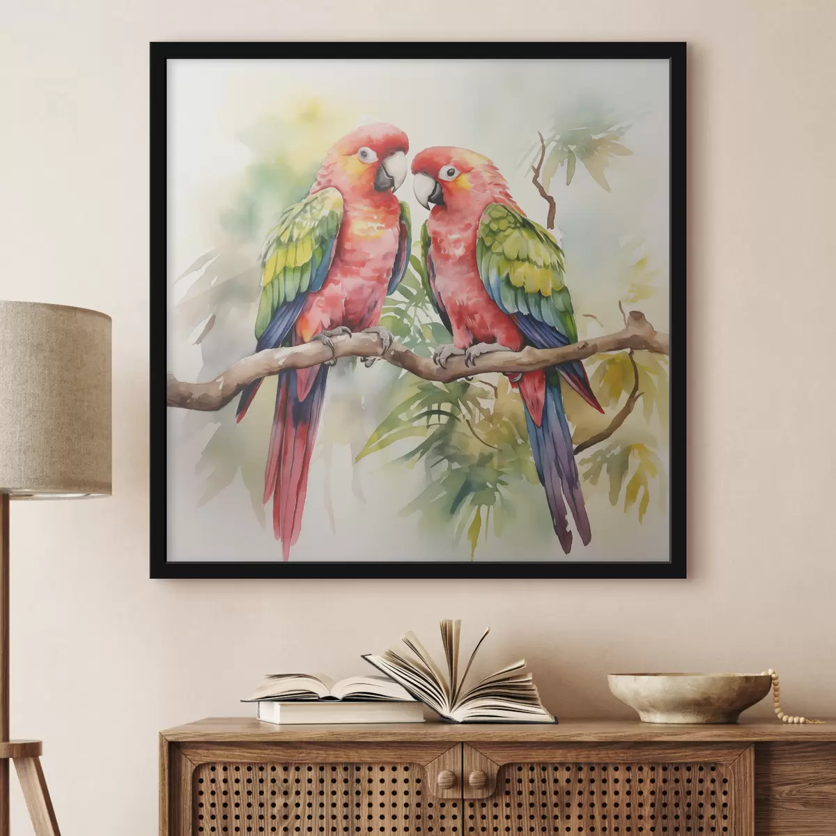 Plakat Kaks heledat papagoid istuvad akvarellmaalil ühel oksal f39333