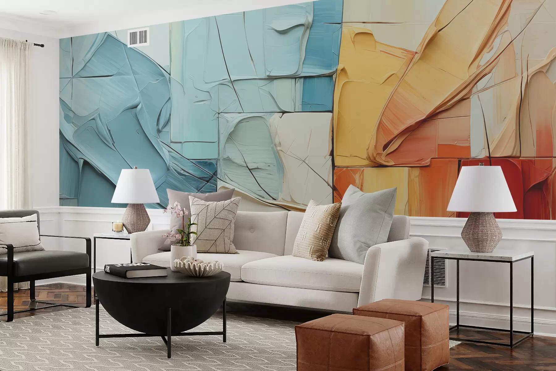 Fototapeedid Mahulised värvitükid, praod, sinine, oranž, kollane, punane w01304