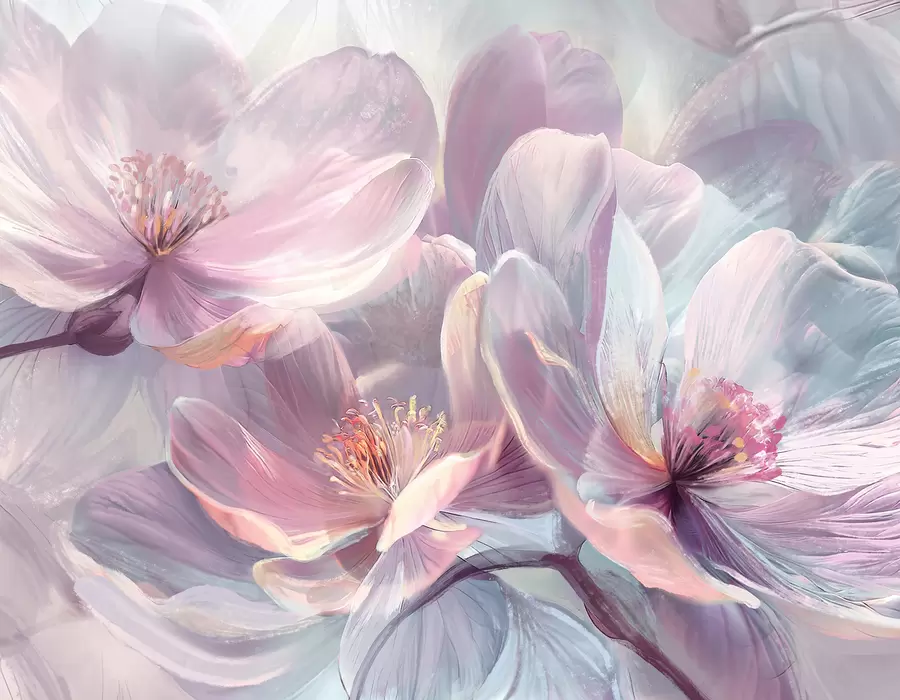 Fototapeedid Õrnad läbipaistvad pastelsed neoonheleroosad ja valged lilled pehme, häguse taustaga w01307