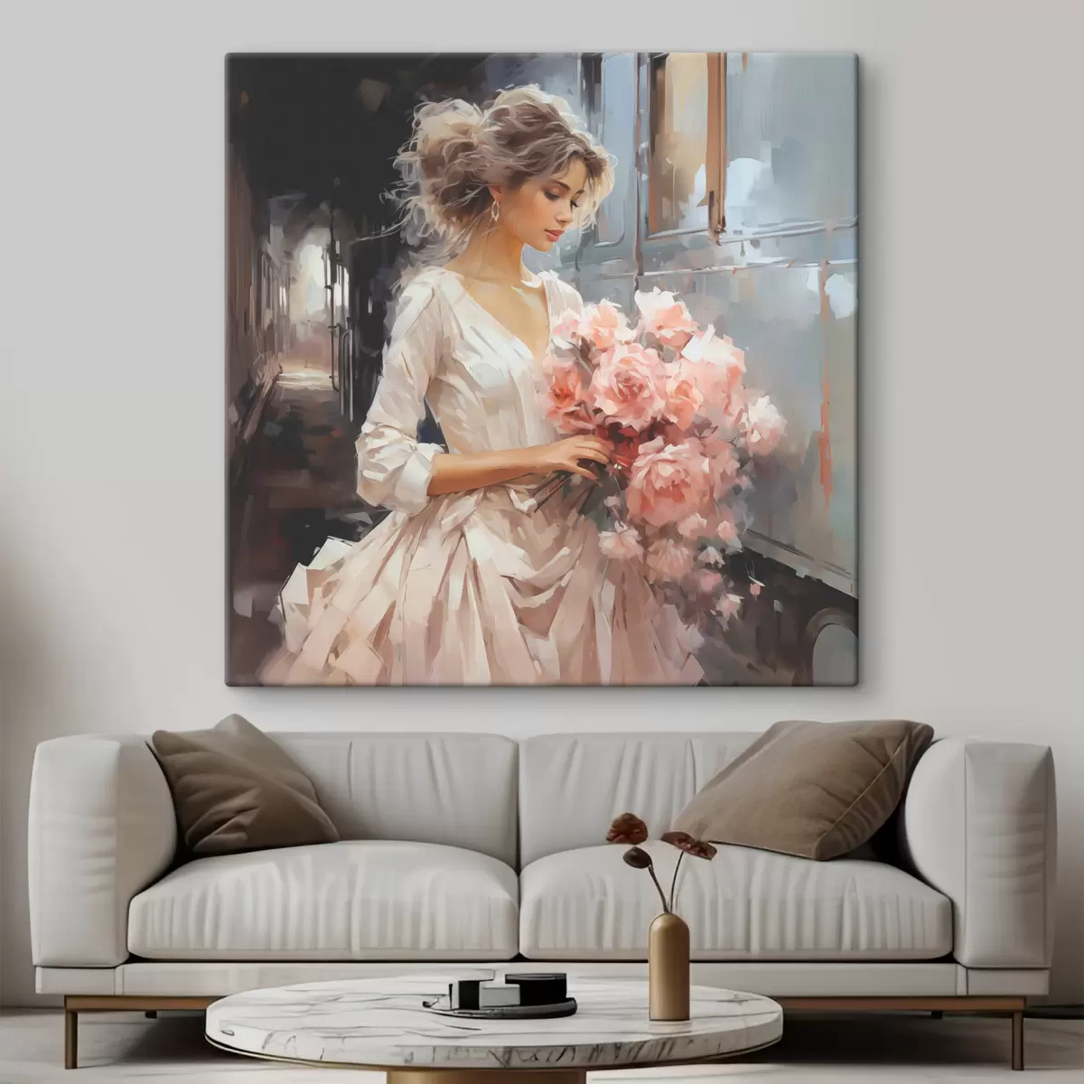 Pilt Valges kleidis neiu jaamas hoiab käes roosade rooside kimpu, õlimaal s39438