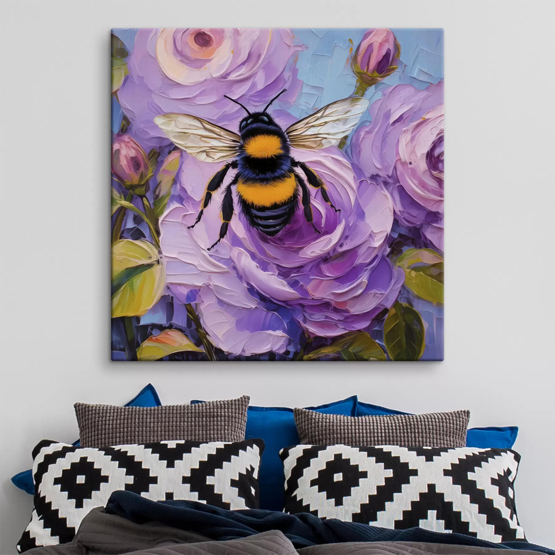 Pilt Mesilane roosadel pojengidel, värvilised suvelilled, õlimaal, erksad pintslitõmbed s39411