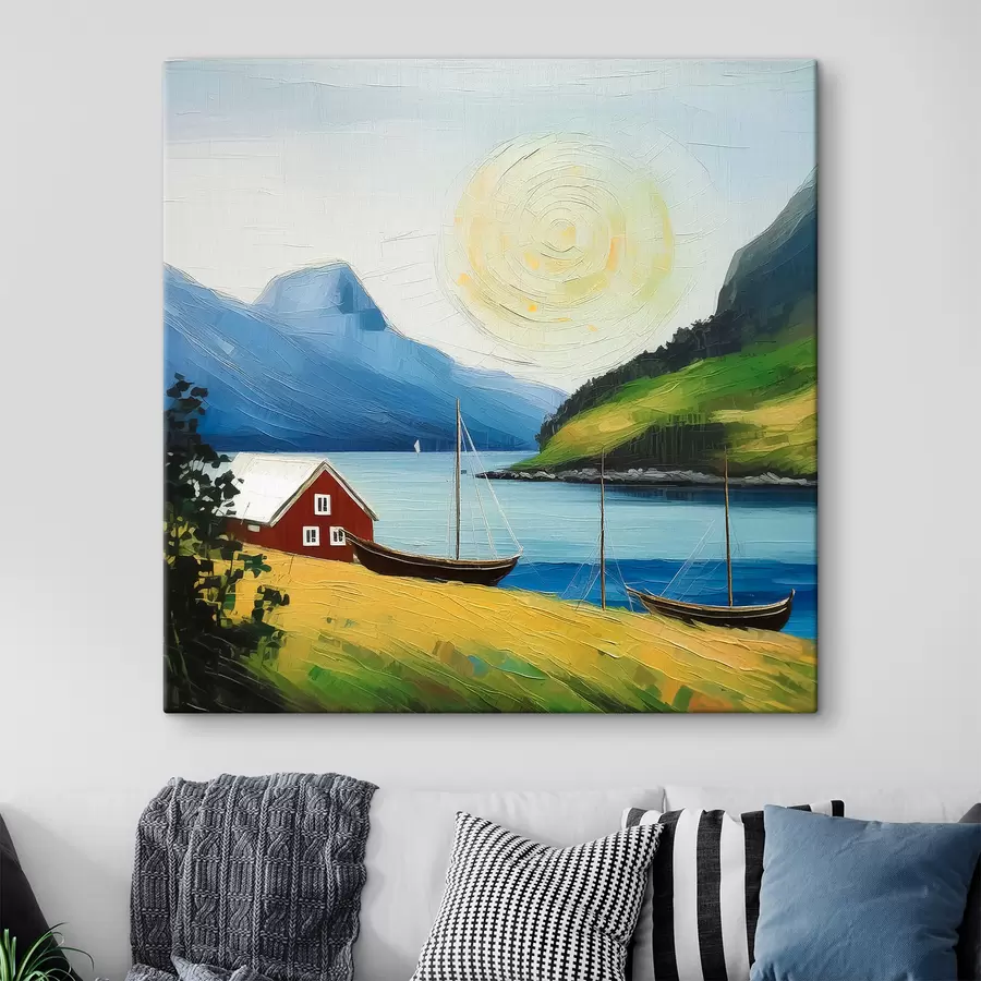 Pilt Põhjamaine suvi, majake mere rannikul, päike sinises taevas, mäed s39423