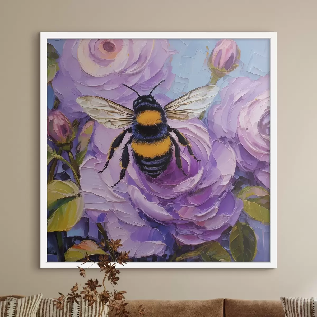 Plakat Mesilane roosa puneed, värvilised suvelilled, õlimaal, erksad pintslitõmbed f39411