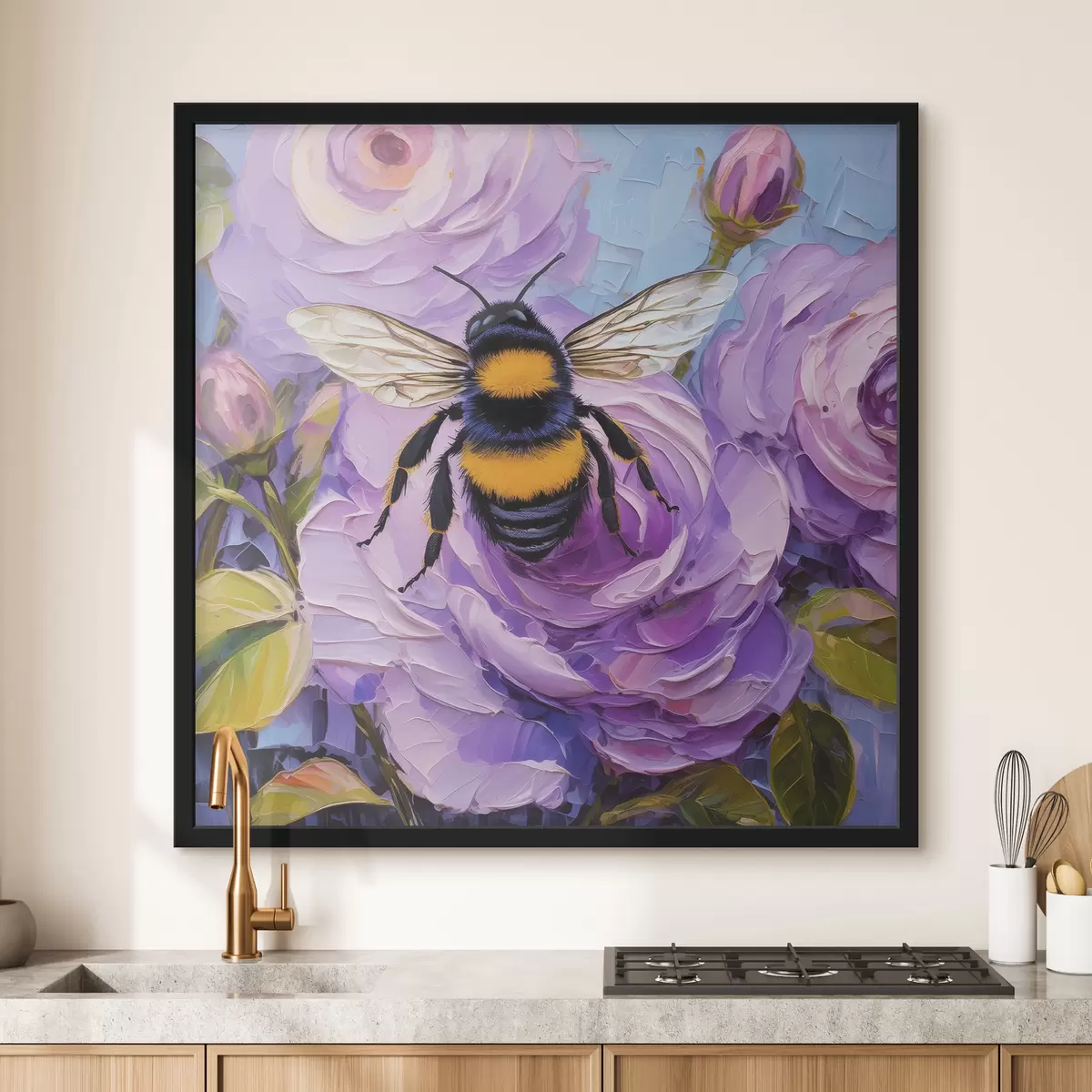 Plakat Mesilane roosa puneed, värvilised suvelilled, õlimaal, erksad pintslitõmbed f39411