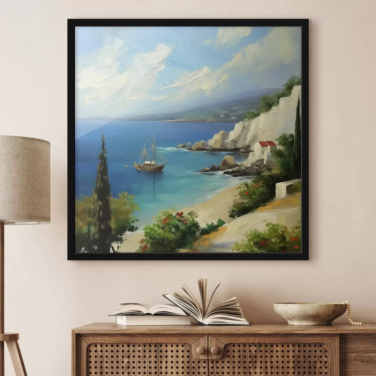 Plakat Kreeka mererannik, laev, sinine vesi, õlimaal, suvine loodus, kivid, erksad pintslitõmbed f39425