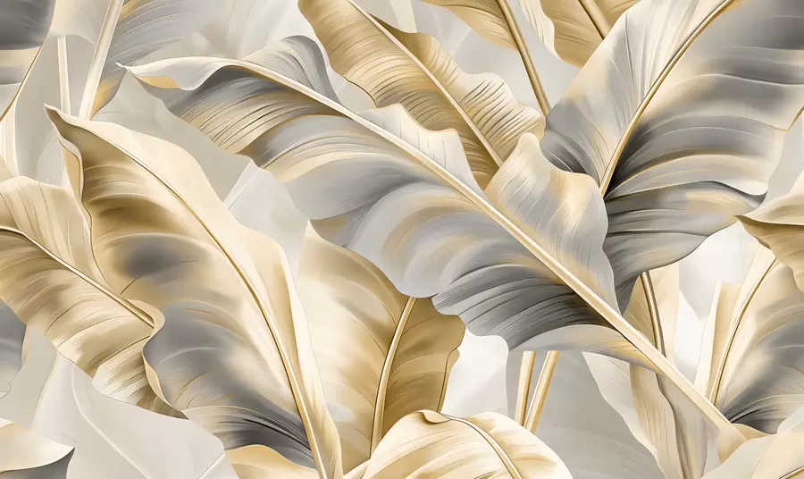 Fototapeedid hallikasbeežides toonides luksuslikud suured banaanilehed w07876