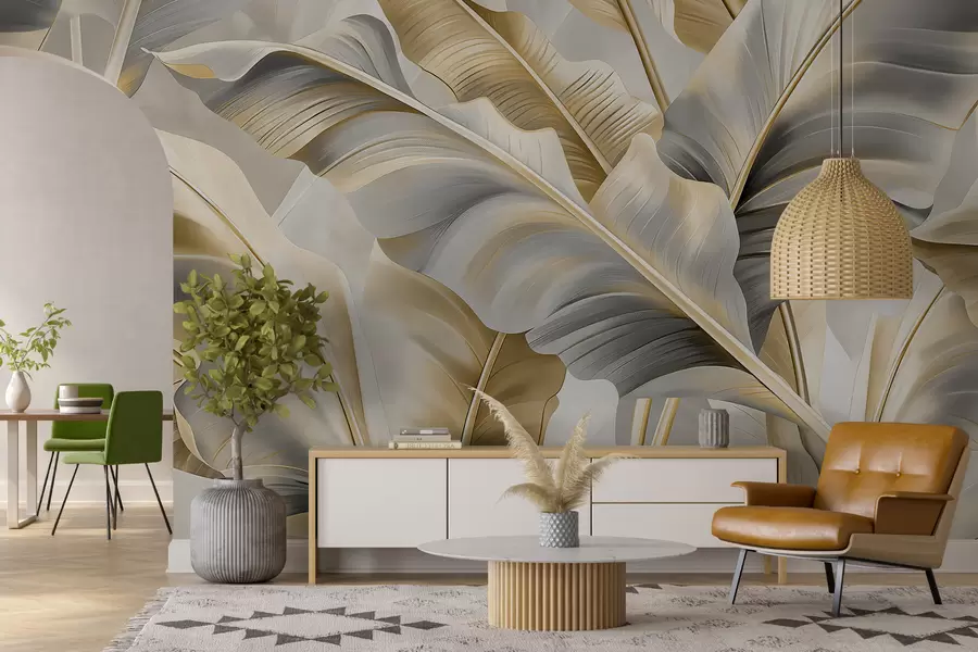 Fototapeedid hallikasbeežides toonides luksuslikud suured banaanilehed w07876