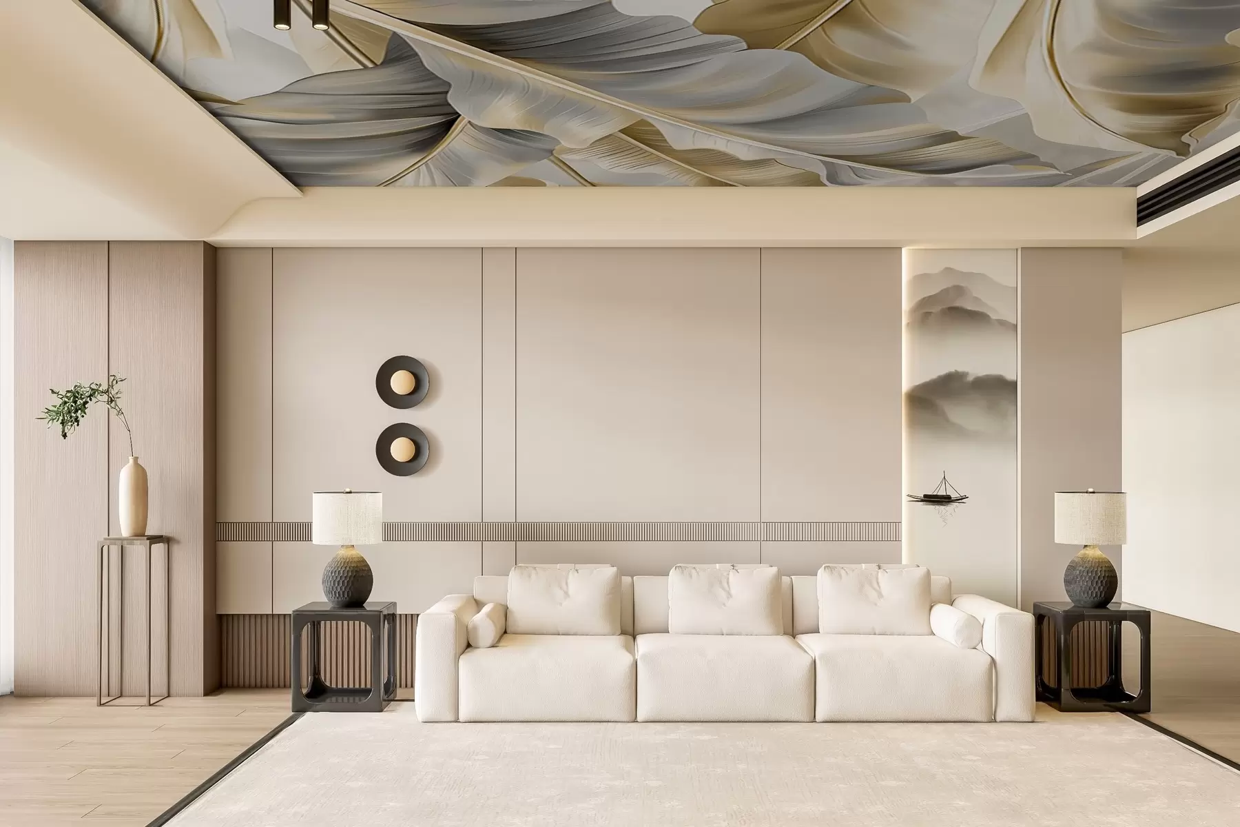 Fototapeedid hallikasbeežides toonides luksuslikud suured banaanilehed w07876