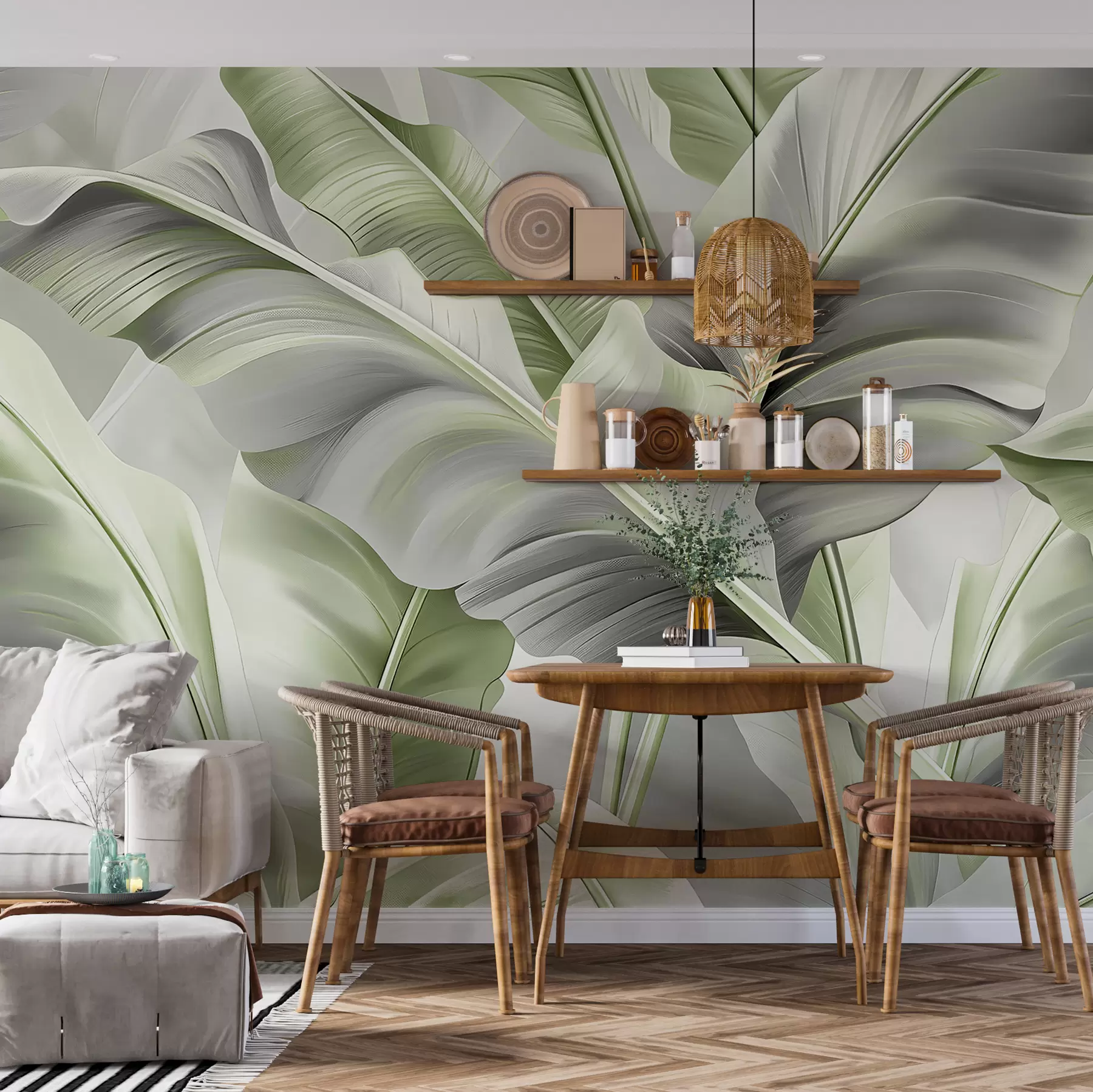 Fototapeedid hallikasrohelistes toonides luksuslikud suured banaanilehed w07876v3