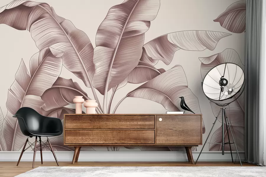 Fototapeedid joonistatud suured banaanilehed pastellroosa värviga w07877v1