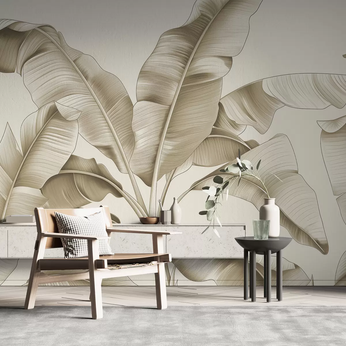 Fototapeedid joonistatud suured banaanilehed beeži värviga w07877v3