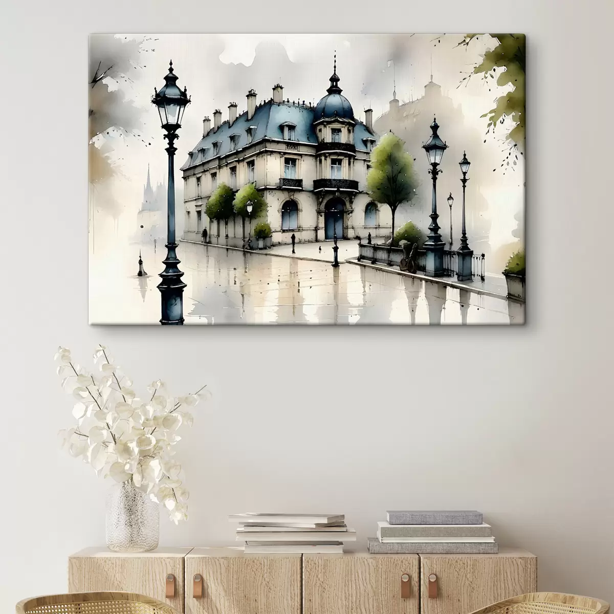 Pilt Suurejooneline hoone akvarellikunst, mida ümbritsevad laternapostid ja puud, vihmasel päeval s39391