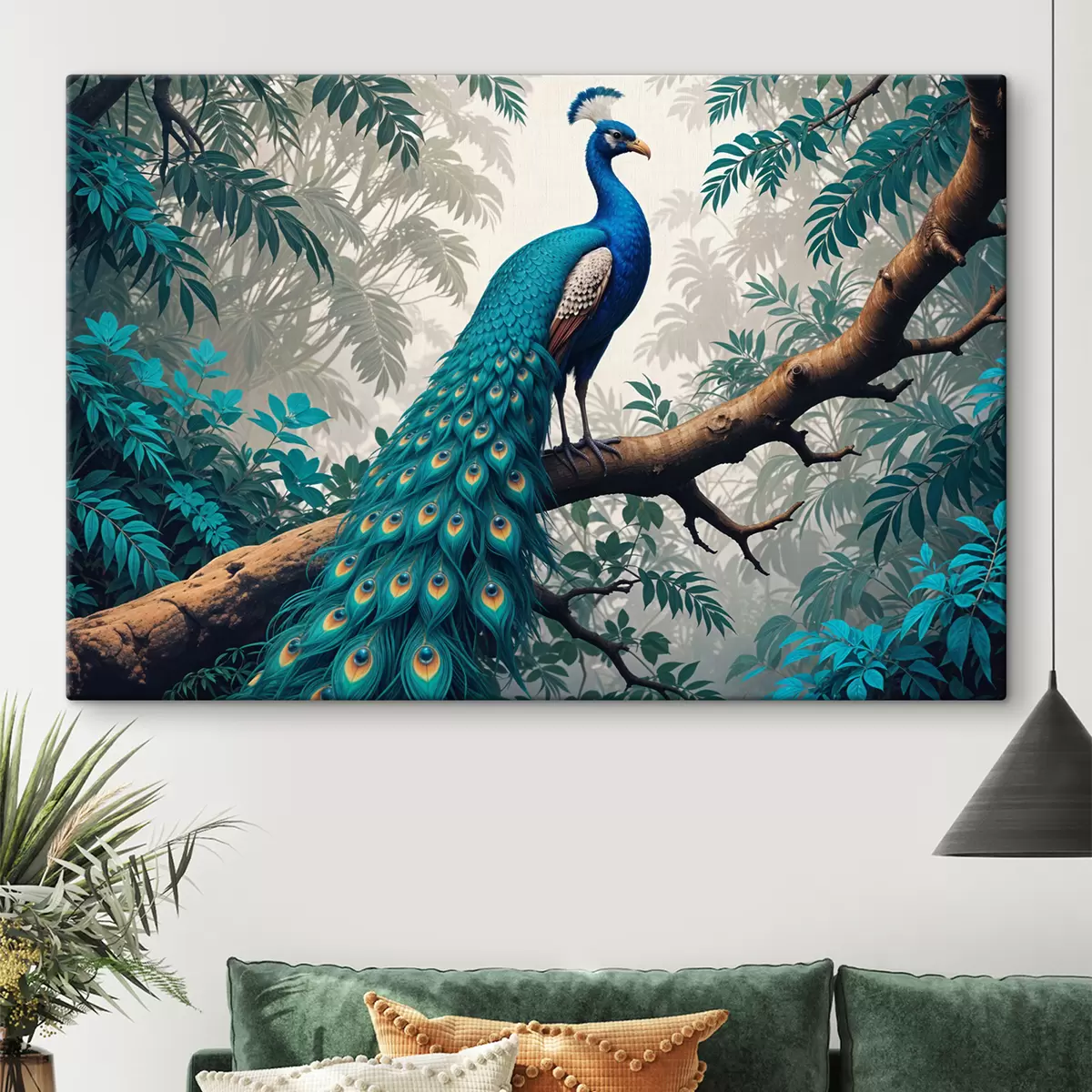 Pilt Särav sinine paabulind istus lopsakas troopilises metsas puuoksal  s39401