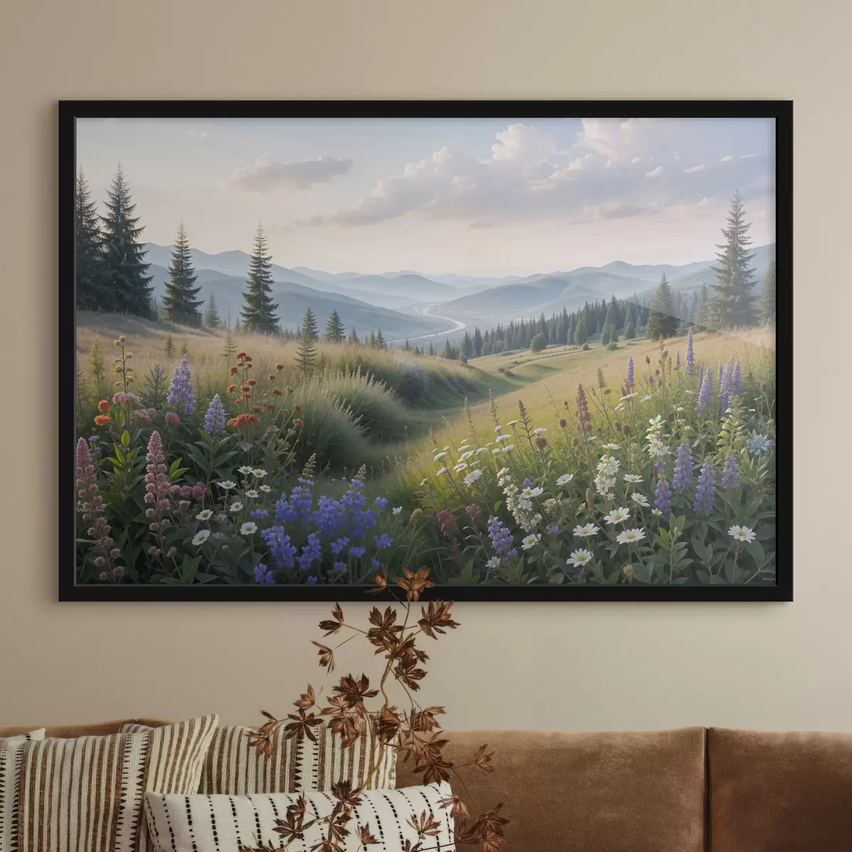 Plakat Mägimaastik, mille esiplaanil on värviliste metsalilledega täidetud heinamaa f39382