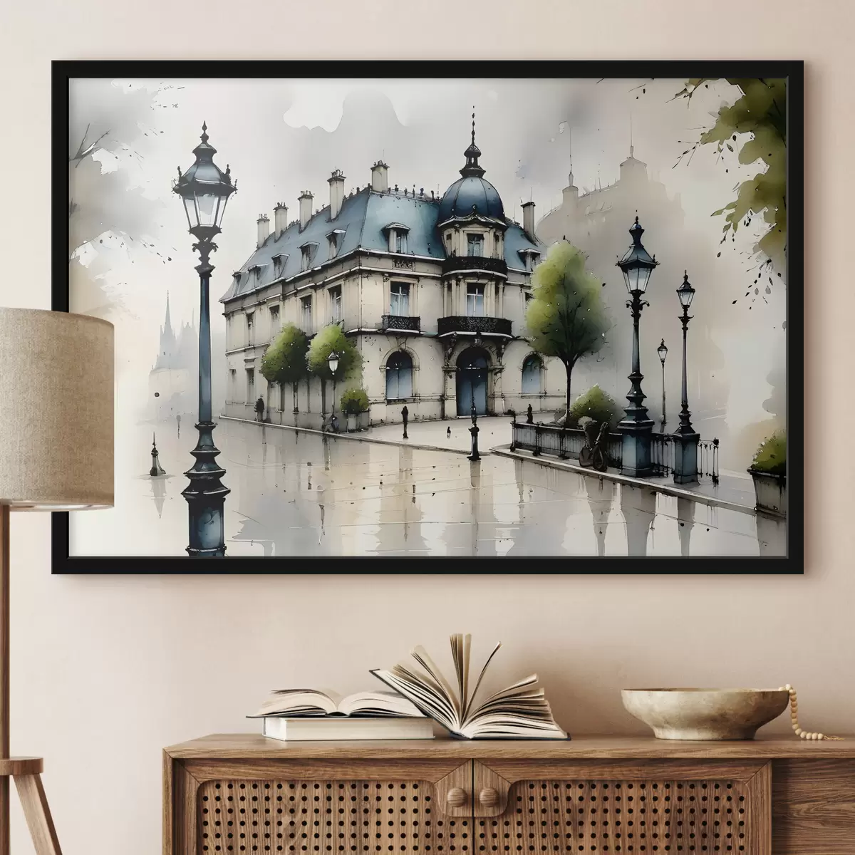 Plakat Suurejooneline hoone akvarellikunst, mida ümbritsevad laternapostid ja puud, vihmasel päeval f39391