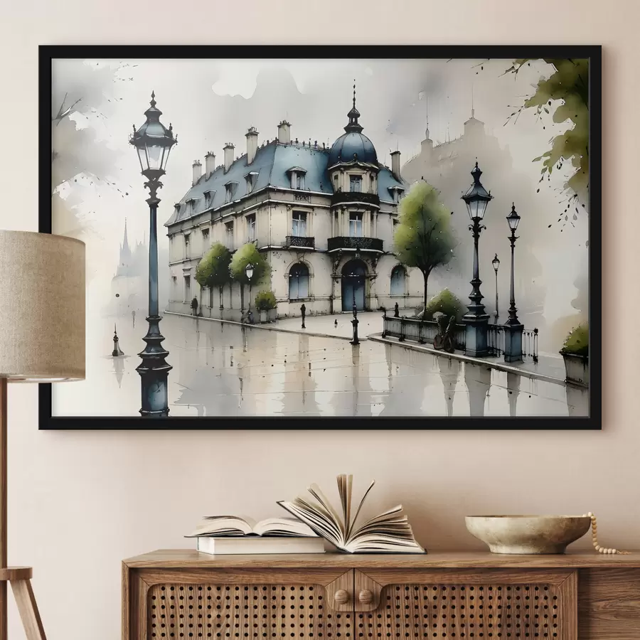 Fototapeedid Suurejooneline hoone akvarellikunst, mida ümbritsevad laternapostid ja puud, vihmasel päeval f39391