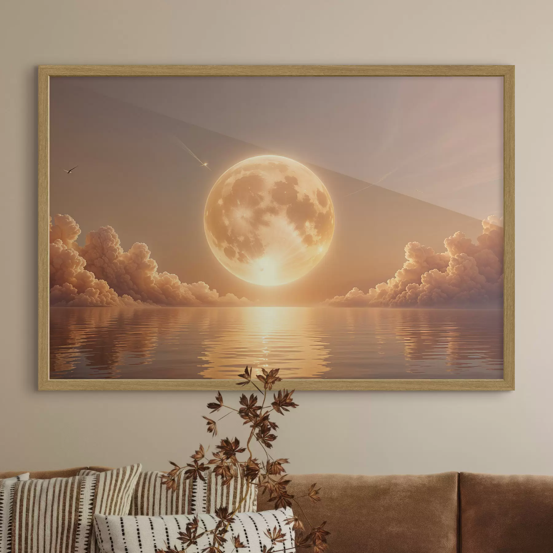 Fototapeedid Suur, särav täiskuu tõuseb päikeseloojangul üle rahuliku, peegeldava ookeani f39403
