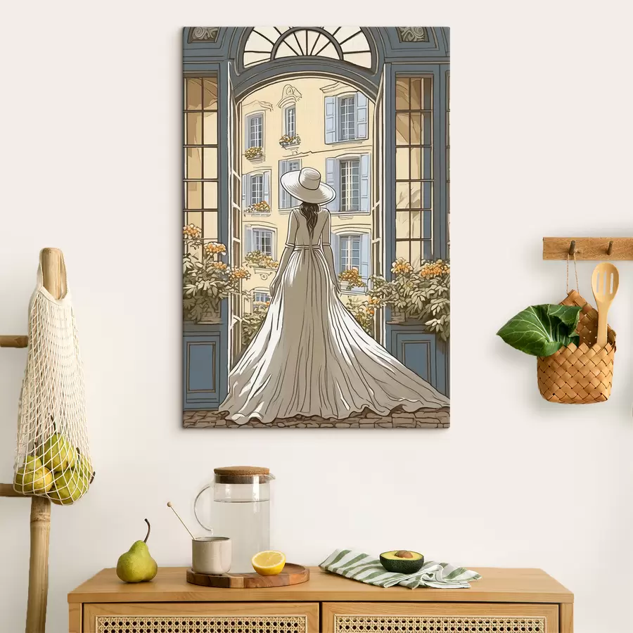 Pilt valges kleidis tüdruku siluett akna ääres s39479