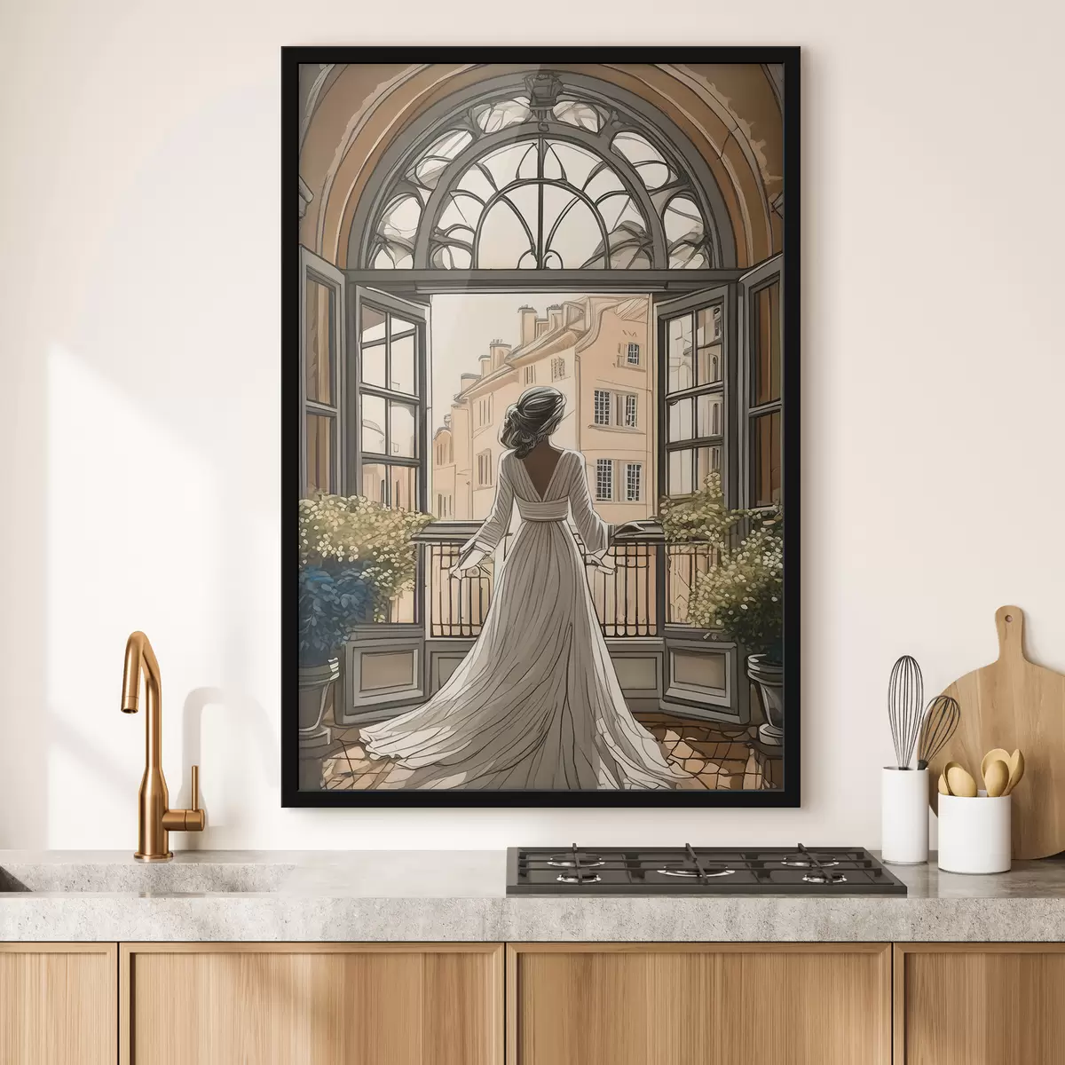 Plakat Valges kleidis tüdruku siluett suure akna lähedal f39480