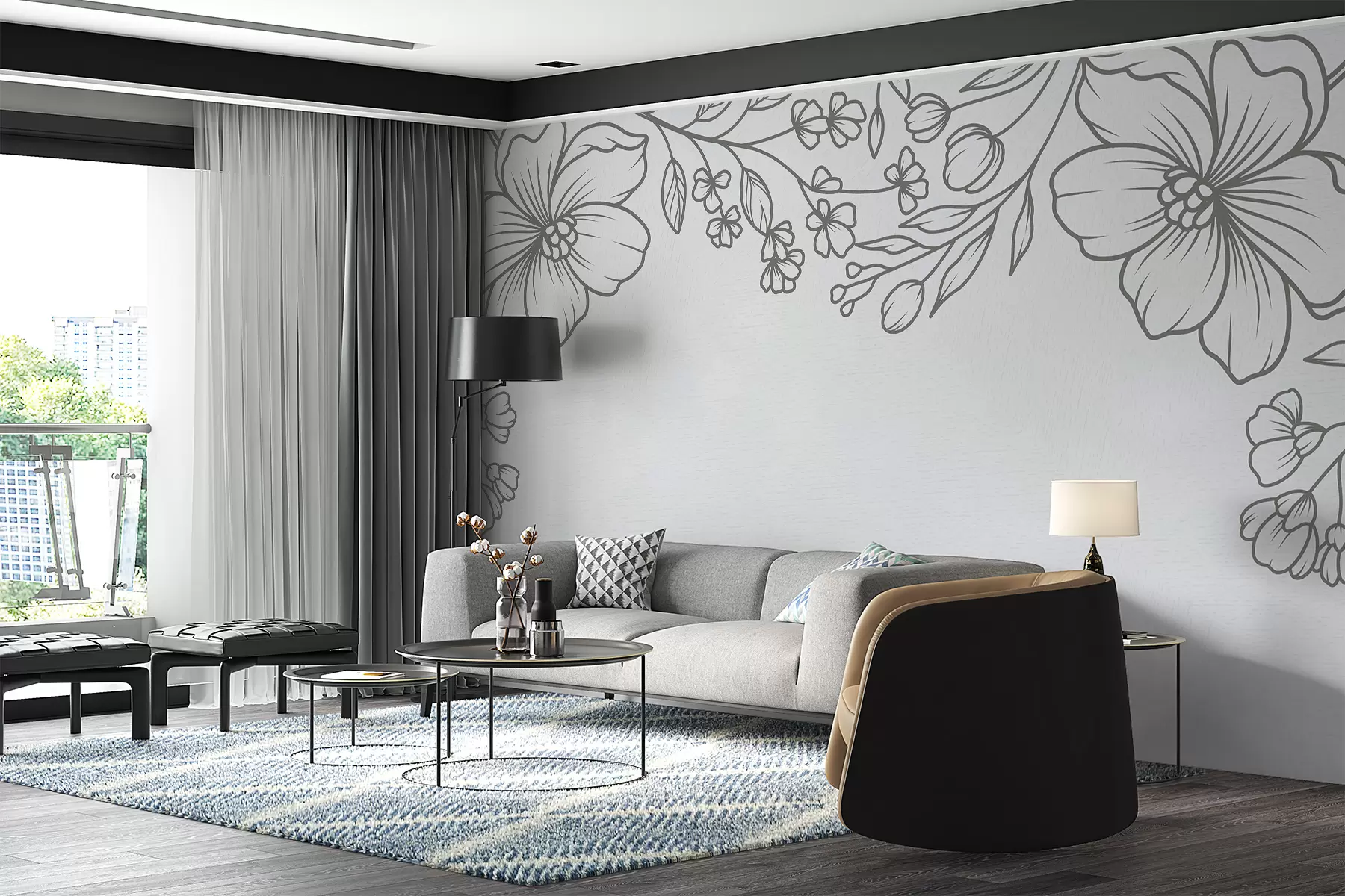 Fototapeedid suured maalitud lilled hallil taustal w07952