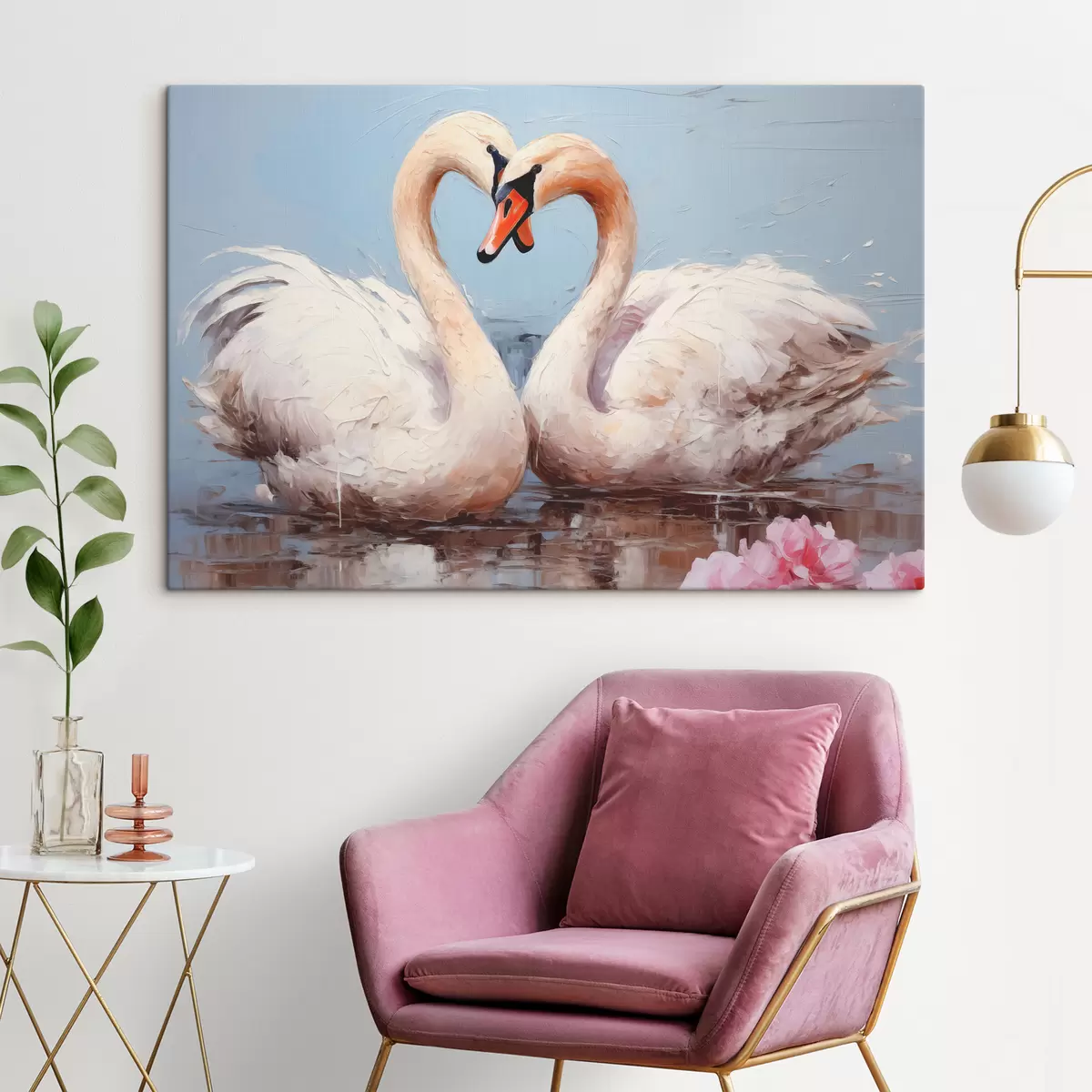 Pilt Valge luigepaar tiigil, õlimaal s39572