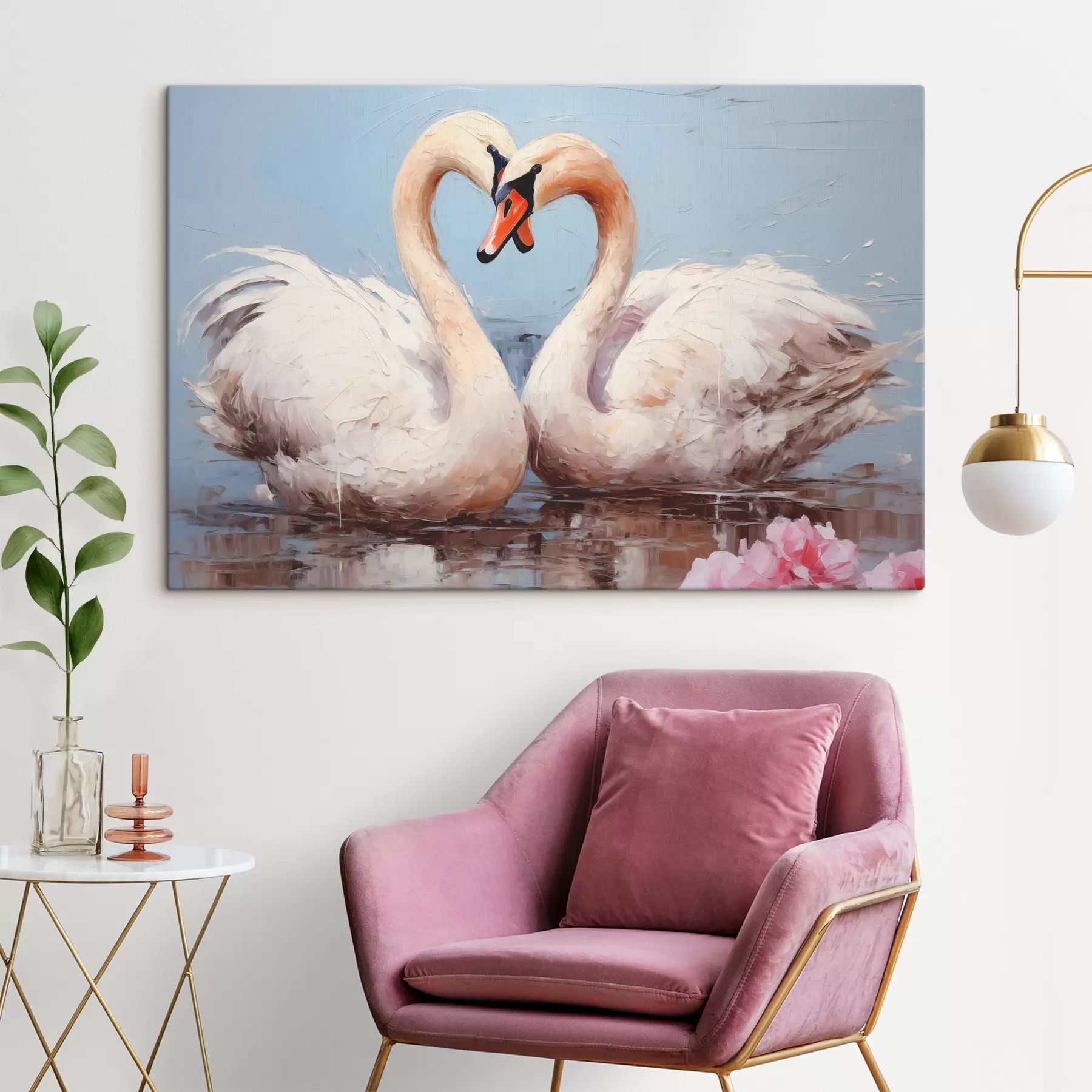 Fototapeedid Valge luigepaar tiigil, õlimaal s39572