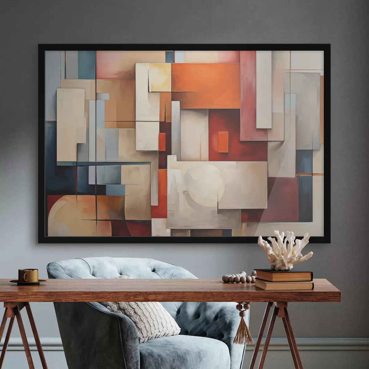 Plakat Abstraktsioon kubismi stiilis, õlimaal, punane, sinine, valge värvid f39571