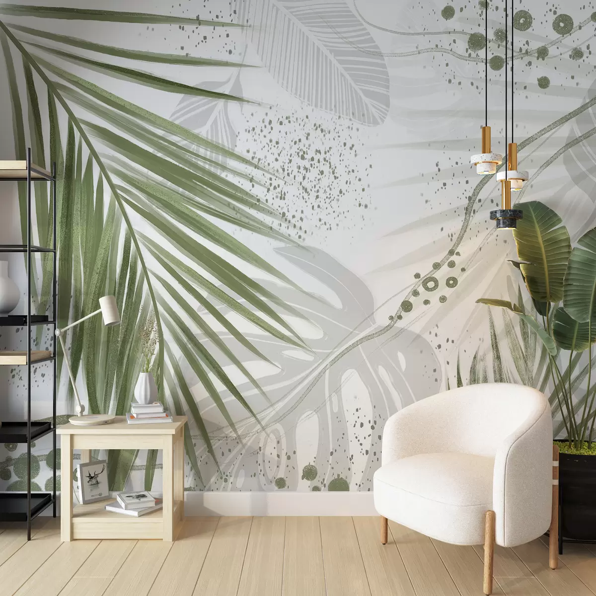 Fototapeedid Troopilised rohelised palmilehed ja -lehed, millel on abstraktsed kujundid ja pritsmed rohelistes ja valgetes toonides w07918