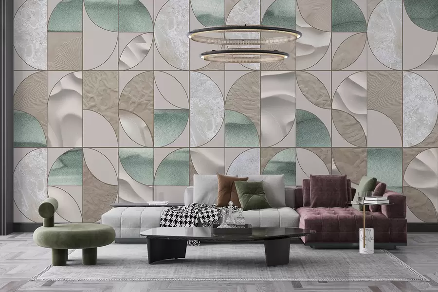 Fototapeedid Roheliste, beežide ja valgete tekstuuride geomeetriline muster, mis on paigutatud korduvale abstraktsele kujundusele w07928