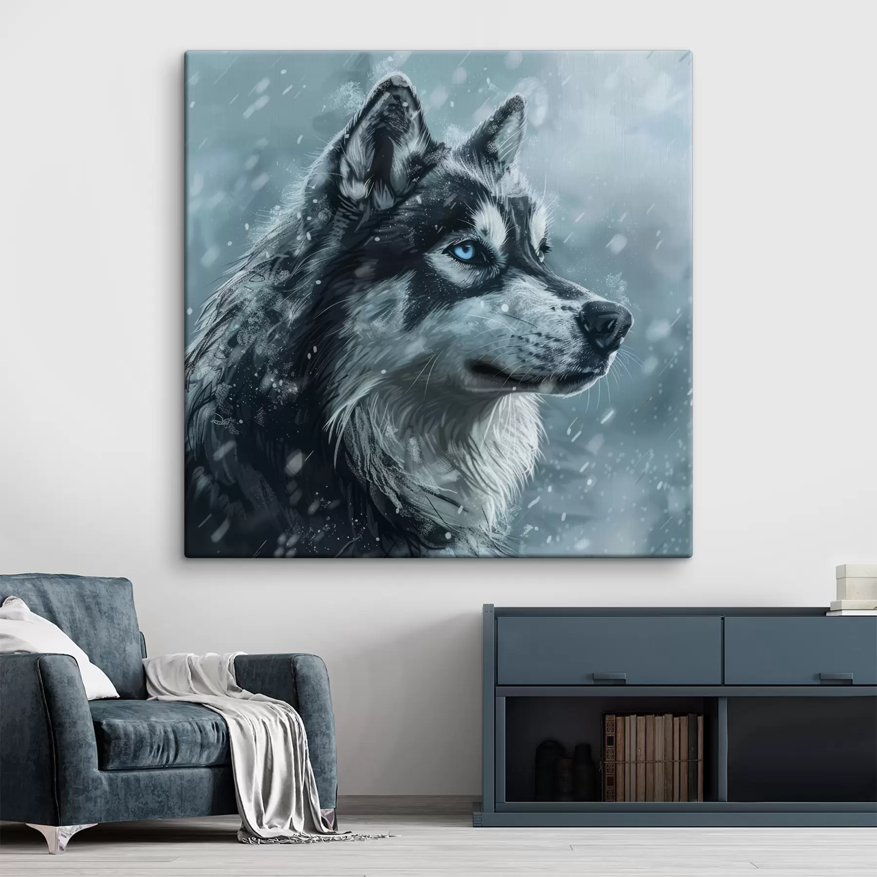 Fototapeedid Husky siniste silmadega talvisel sinisel taustal s39462
