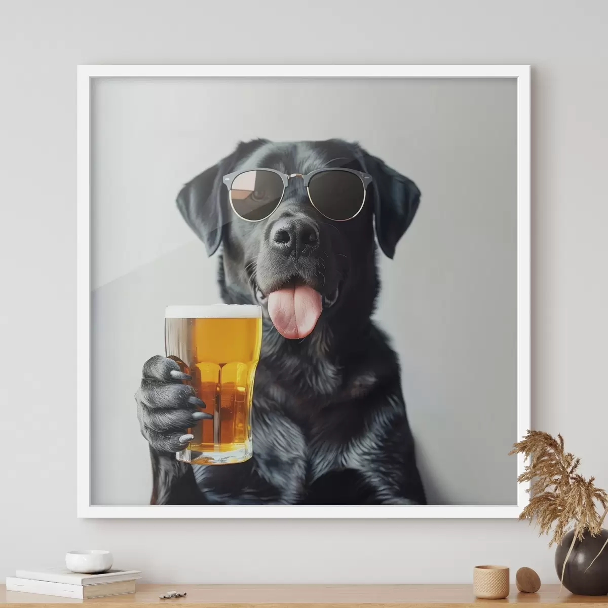 Plakat Portree mustast labradorist, kes kannab päikeseprille ja hoiab käes õllekruusi, vaadates otse kaamerasse f39470