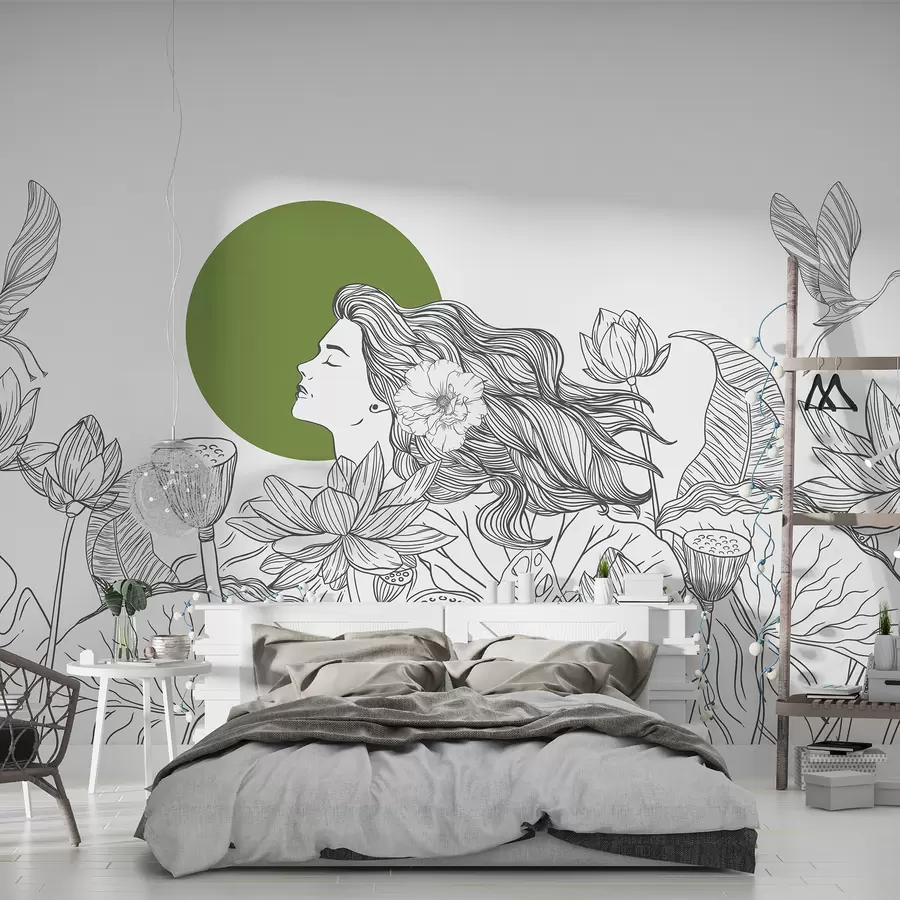 Fototapeedid Naine looduses, joonjoonistus, lootoseõied, suured lehed, lendavad linnud, hall ja roheline värv w07988v3