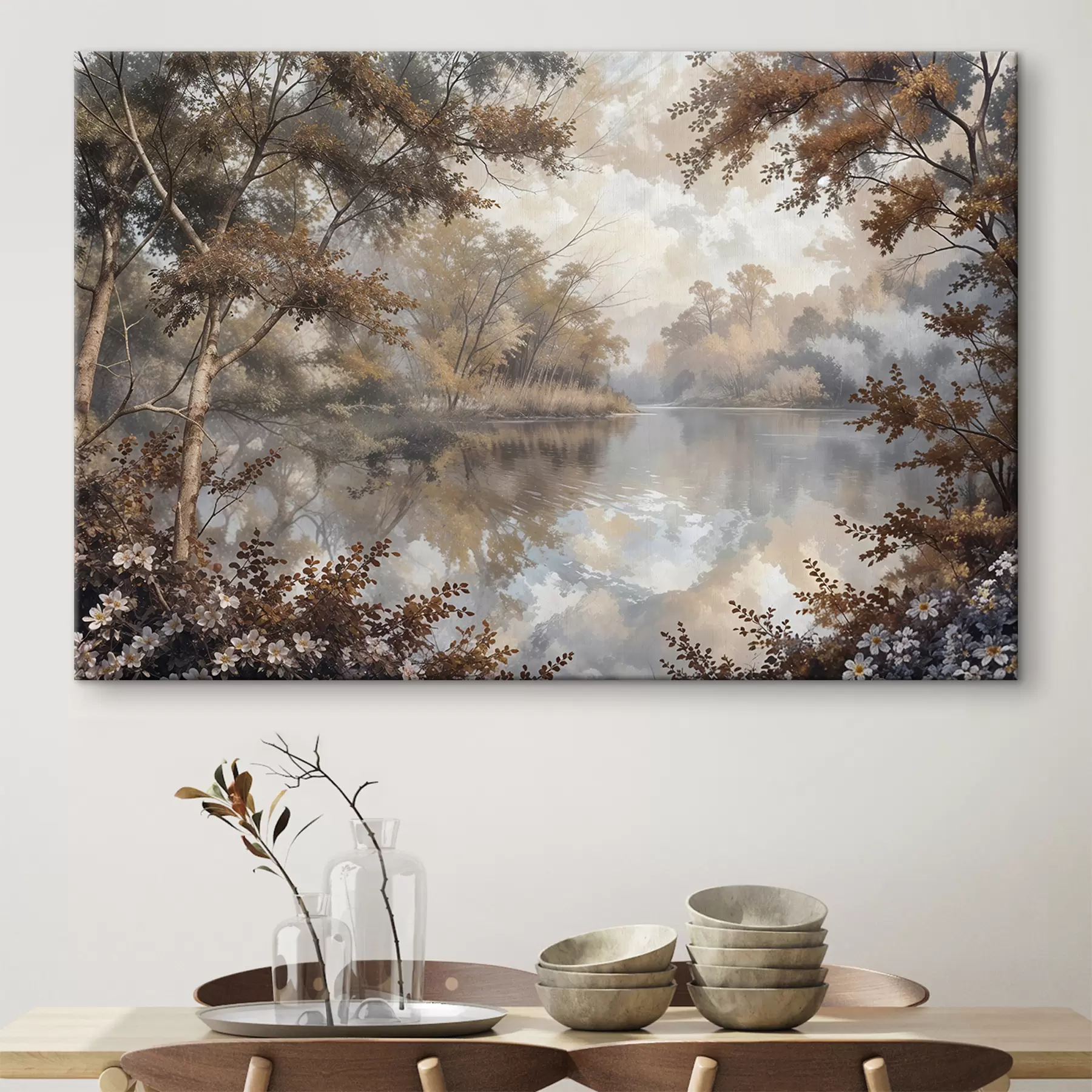 Fototapeedid Sügisene maastik rahuliku järvega, mida ümbritsevad erksa oranži ja kollase lehestikuga puud s39511