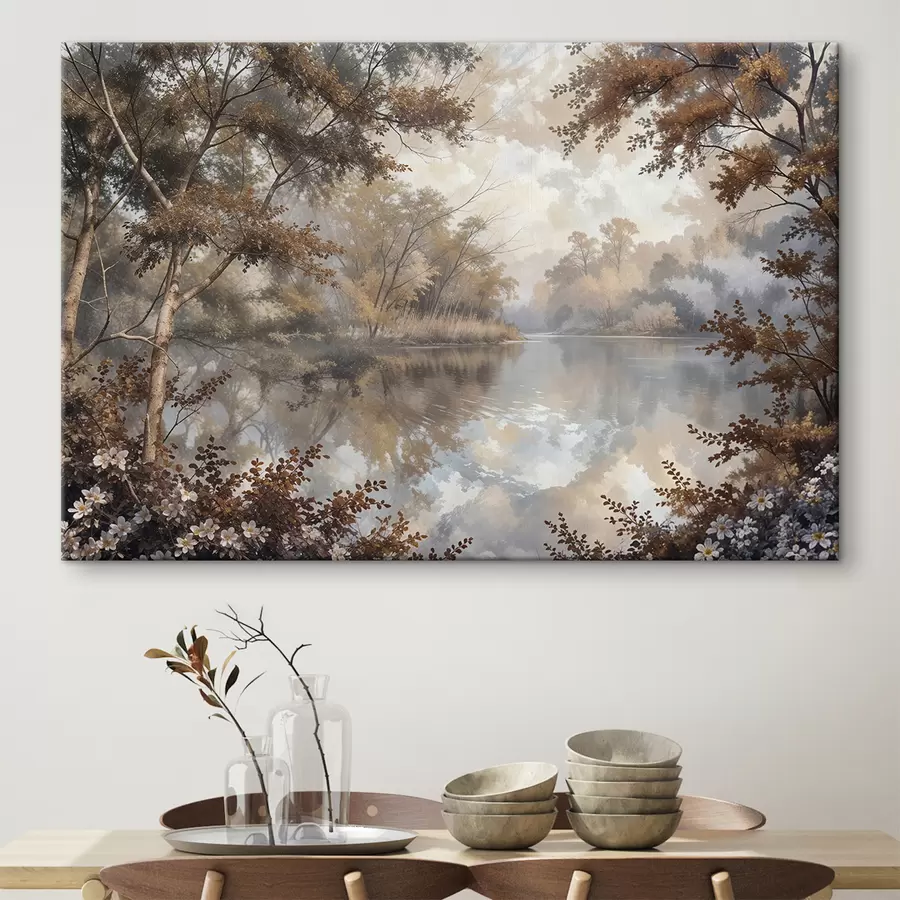 Pilt Sügisene maastik rahuliku järvega, mida ümbritsevad erksa oranži ja kollase lehestikuga puud s39511