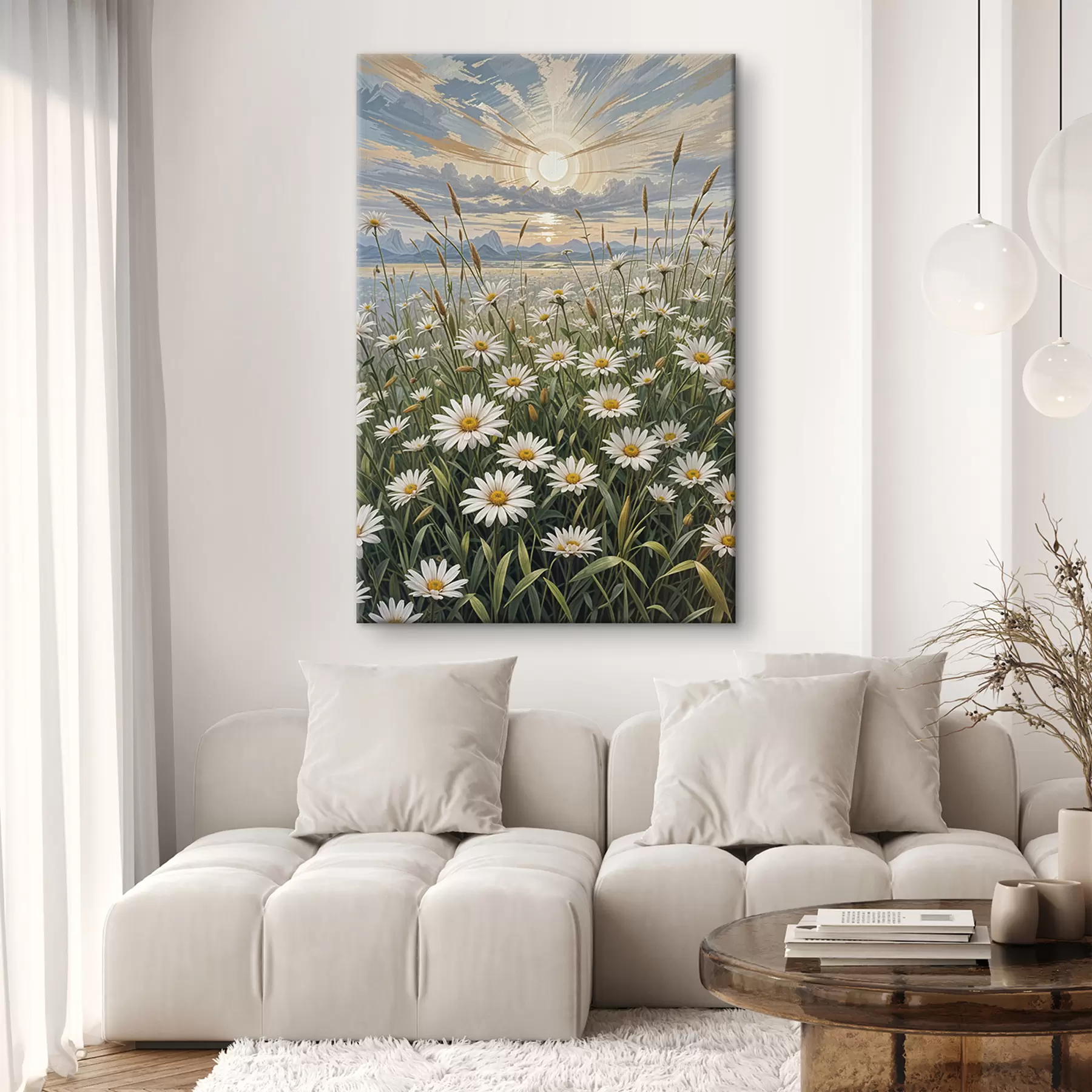 Fototapeedid Esiplaanil valge karikakra lillede väli mägede maastiku ja pilvise taevaga  s39528