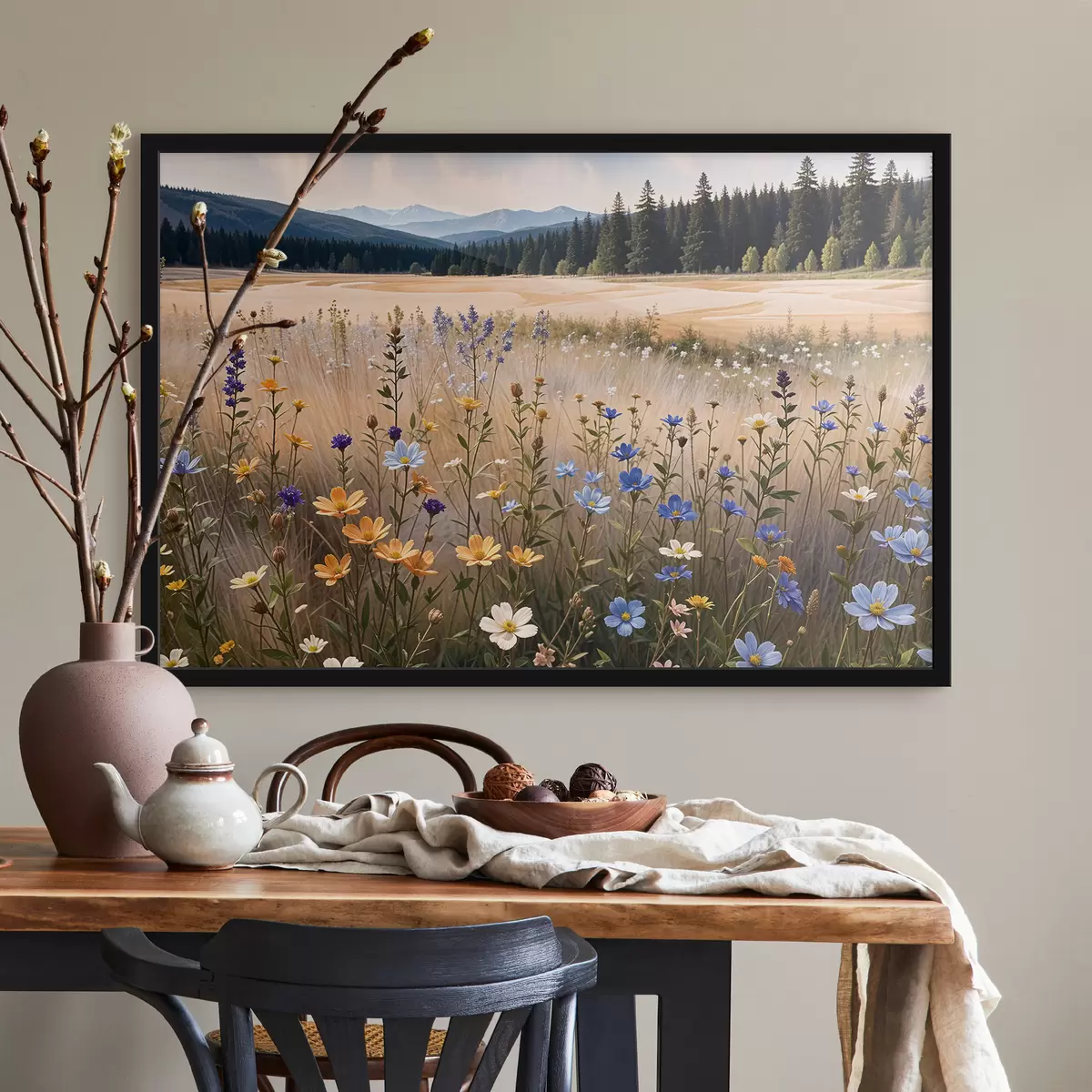 Plakat Esiplaanil värviliste metsalillede põld, taamal järv ja mäed f39502